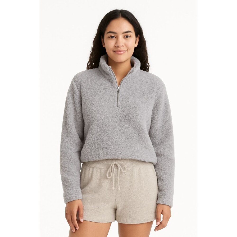 DYI Women's 1/2 Zip Fuzzy Fleece Sweater Chambray Grey Size Large